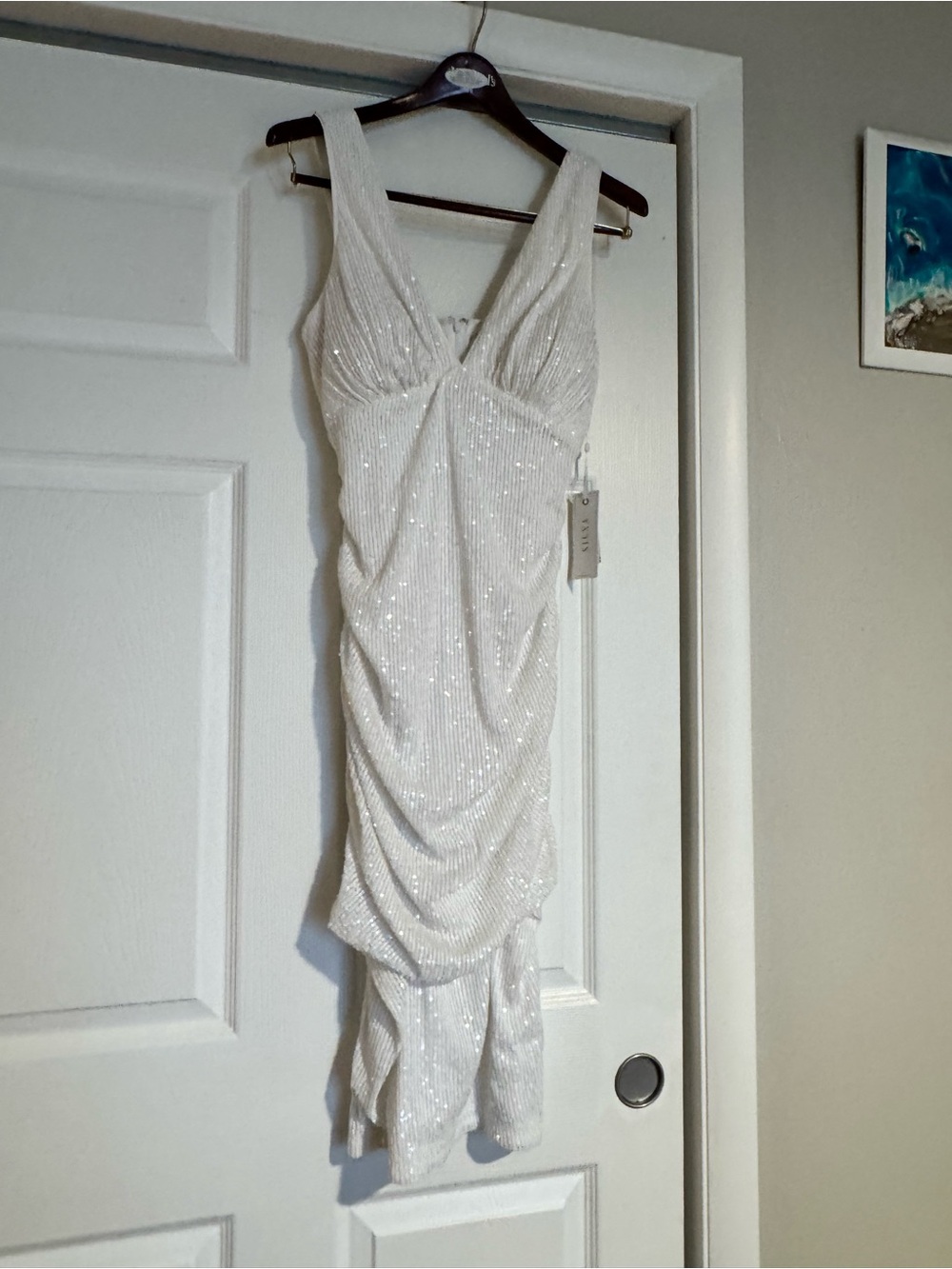 NWT Siena White Sequin Ruched Midi Dress NWT Size 8 Cocktail Party Wedding Guest - Picture 2 of 8